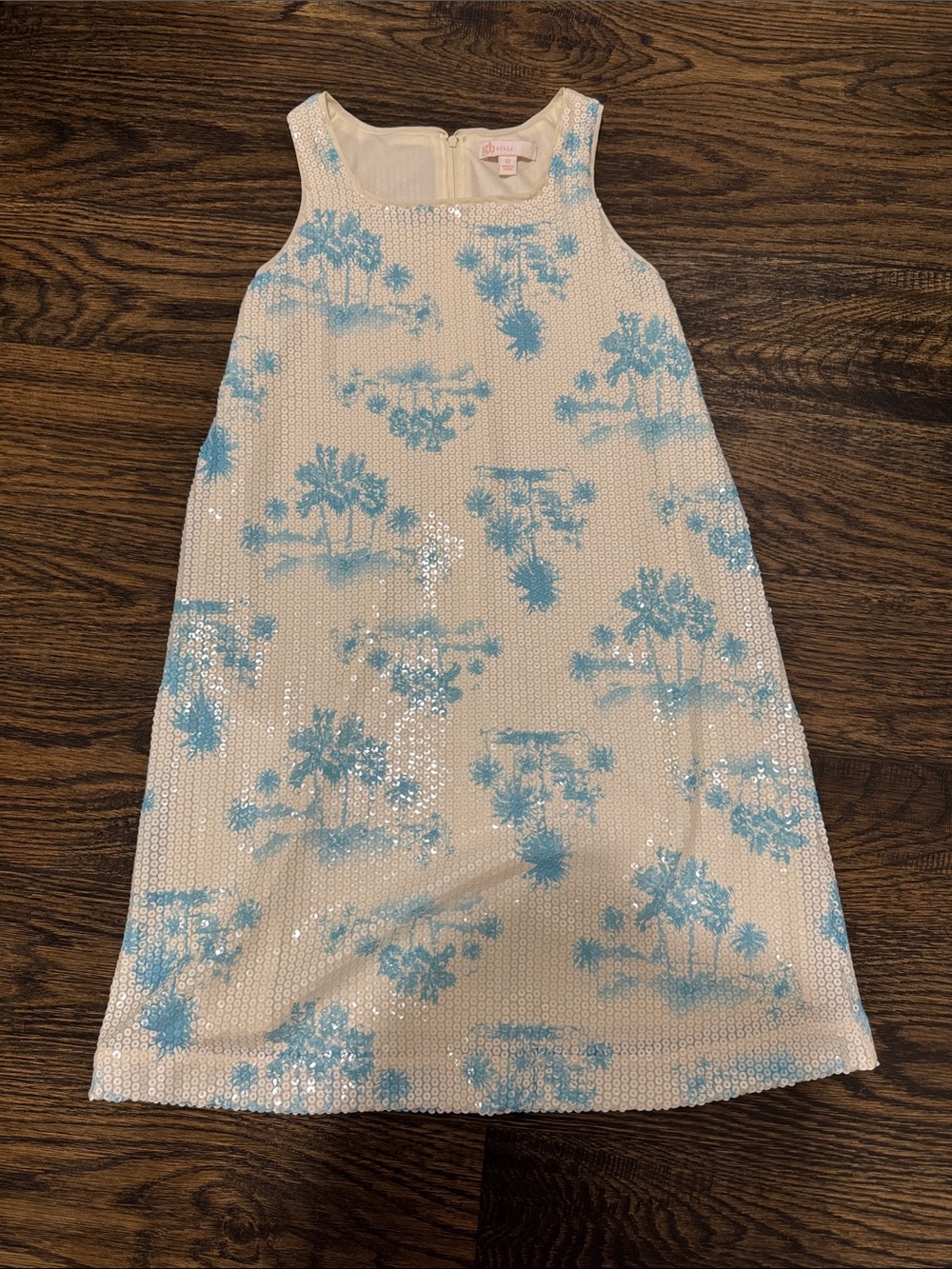 GB girls White Sequin Dress with Light Blue Palm Trees